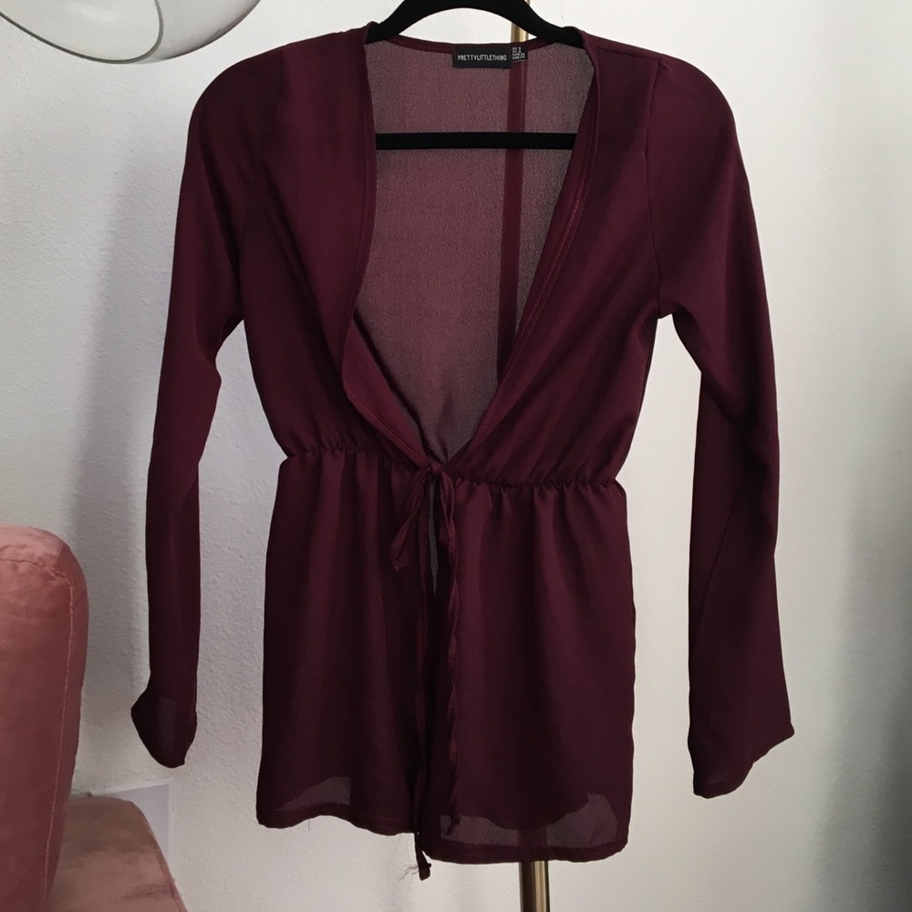 Maroon, front tie, long sleeve, sheer top